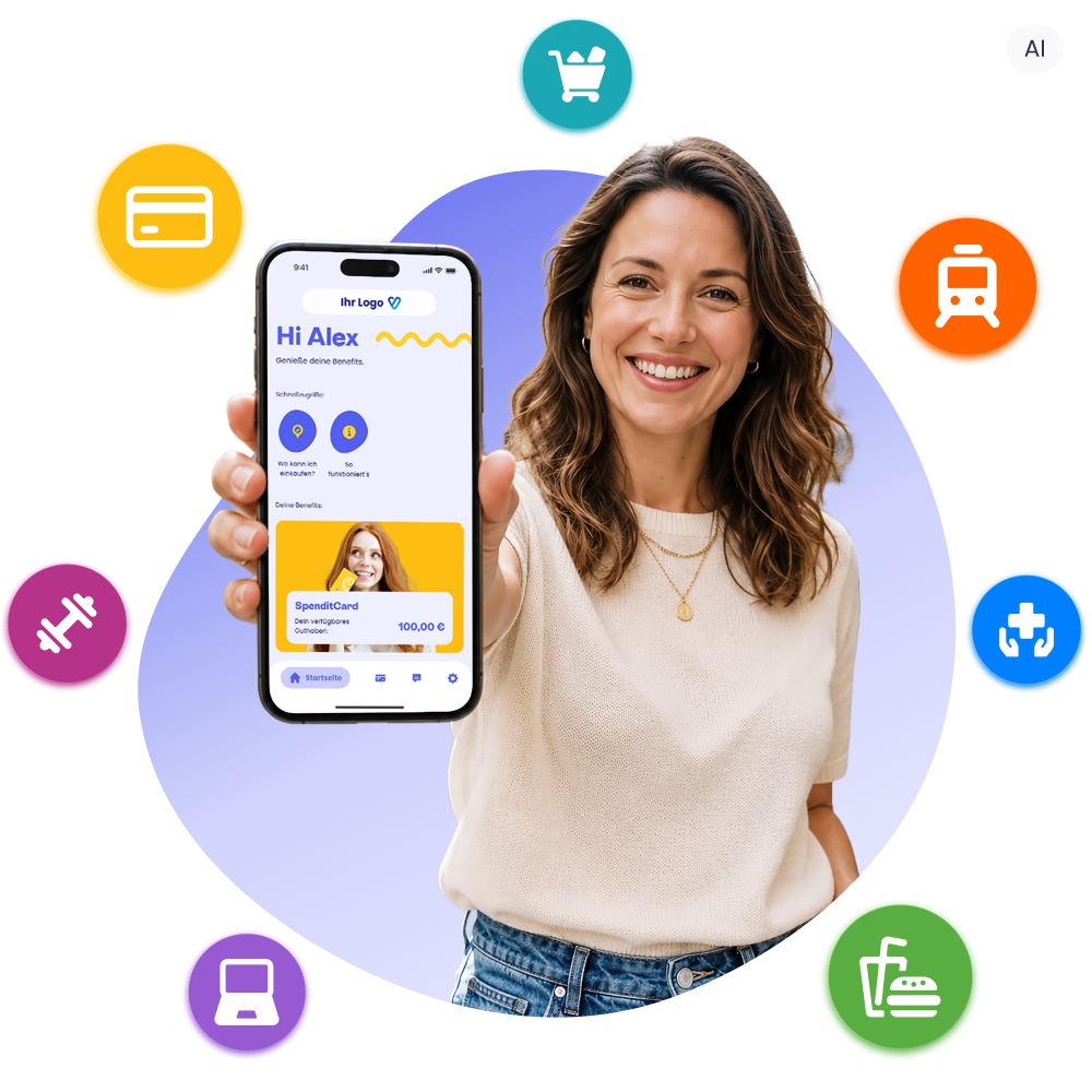 Homepage_Hero_KeyVisual (2) Frau mit Smartphone, auf dem die SpenditCard zu sehen ist