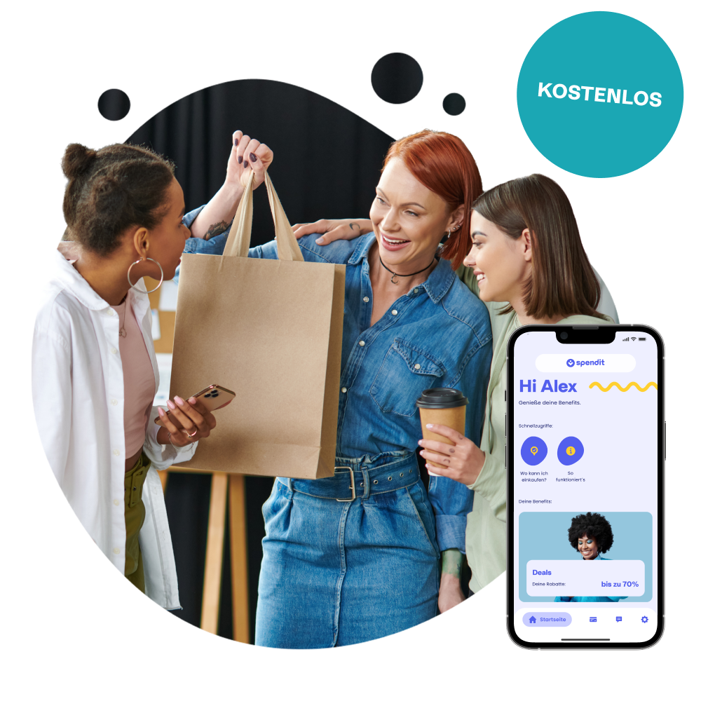 keyvisual-deals Drei Personen beim Shoppen und der App Screen der spendit | myBenefits App mit dem Benefit mit spendit | Deals