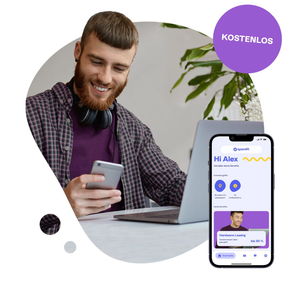 keyvisual-hardwareleasing Eine Person mit Laptop und dem Blick auf ein Smartphone und der App Screen der spendit | myBenefits App mit dem Benefit Hardware Leasing