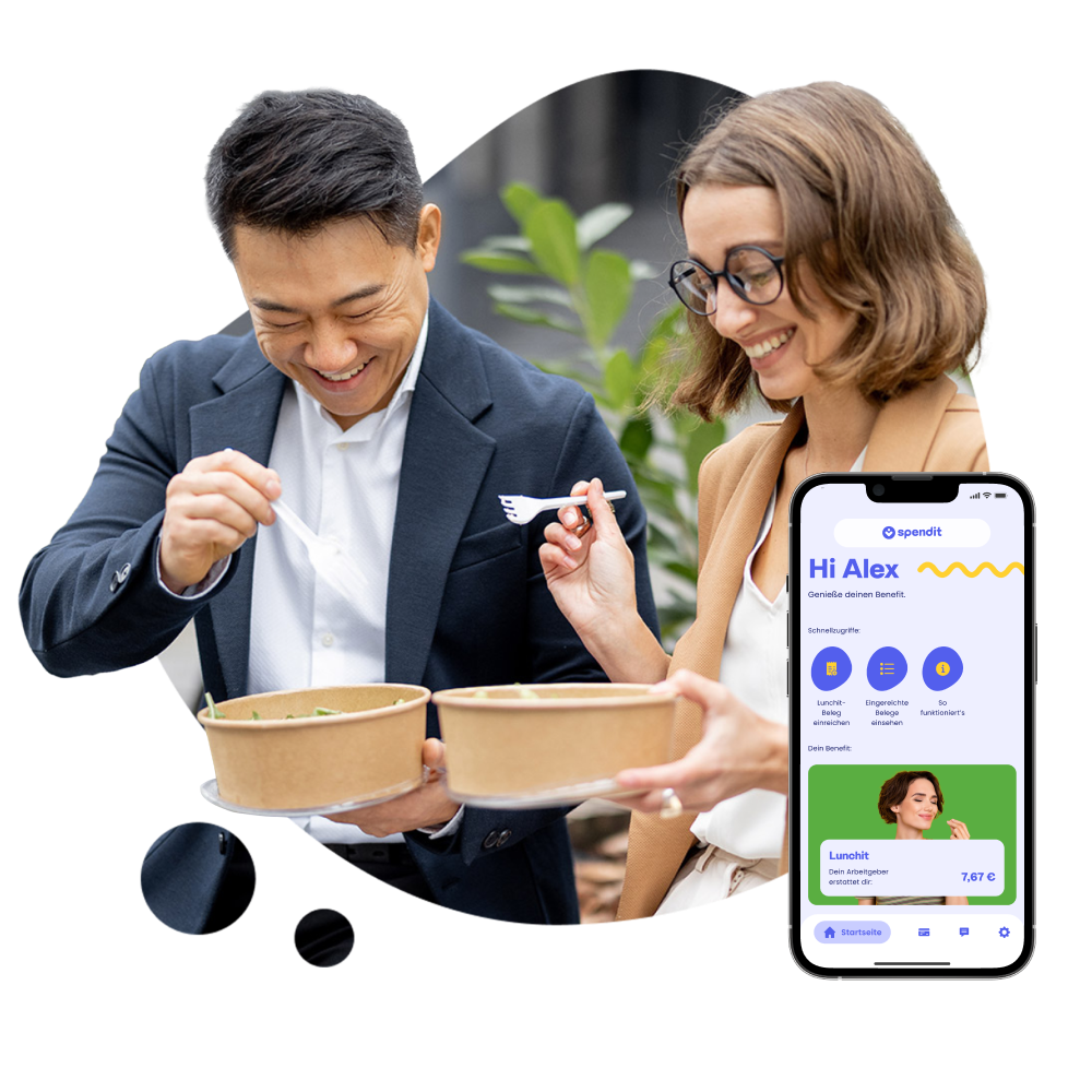 keyvisual-lunchit-1x Zwei Personen beim Mittagessen und der App Screen der spendit | myBenefits App mit dem Benefit mit Lunchit