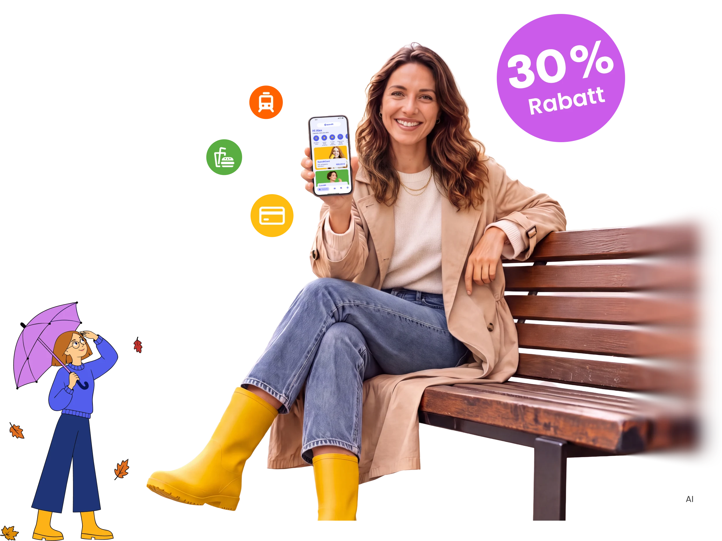 kv-herbst_v3a_mit-blur_komposition-1-bild_mit-ueberhang_stoerer Frau auf Bank hält Spendit-App hoch